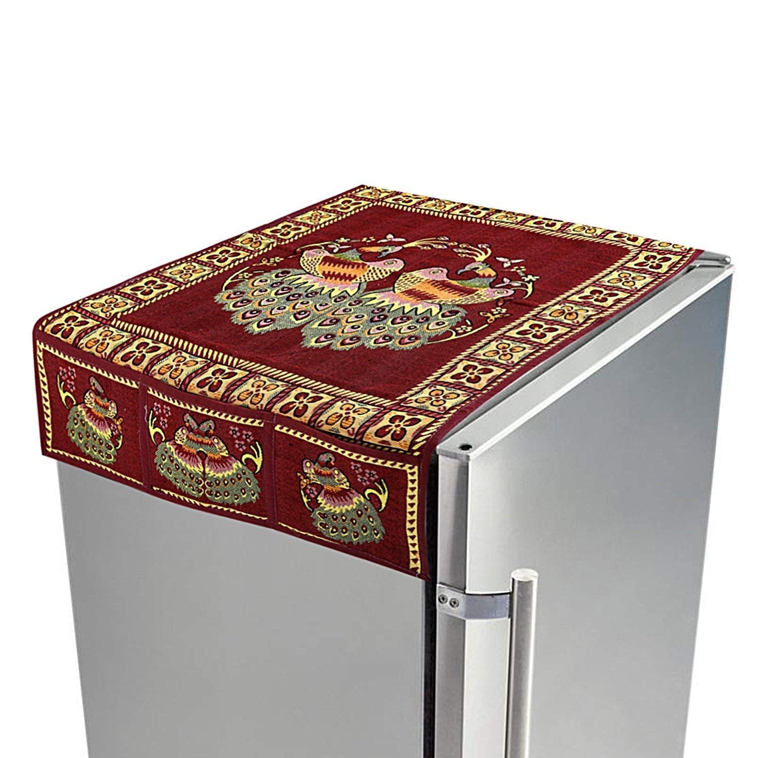 8889 Cotton Fridge Top Cover Set - Standard, Appliance Covers Fridge Dustproof Cover with Peacock Deign 6 Utility Side Pockets Fridge Cover For All types Fridge Refrigerator Use (100x60CM) 8889 Cotton Fridge Top Cover Set - Standard, Appliance Covers Fridge Dustproof Cover with Peacock Deign 6 Utility Side Pockets Fridge Cover For All types Fridge Refrigerator Use (100x60CM)
